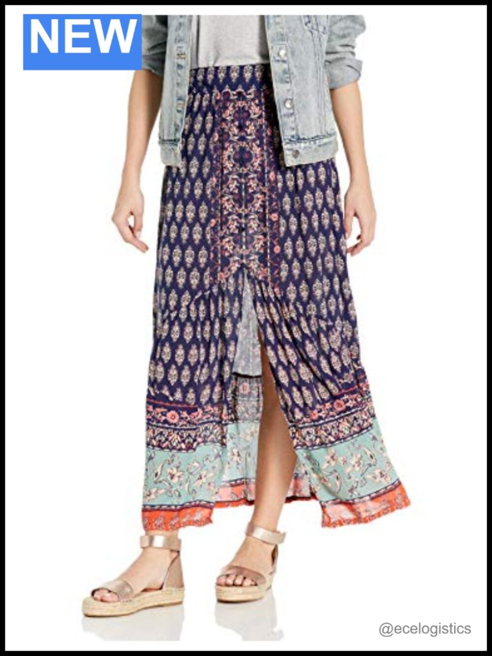 Boho Printed Maxi Skirt High Rise Button Front Rayon